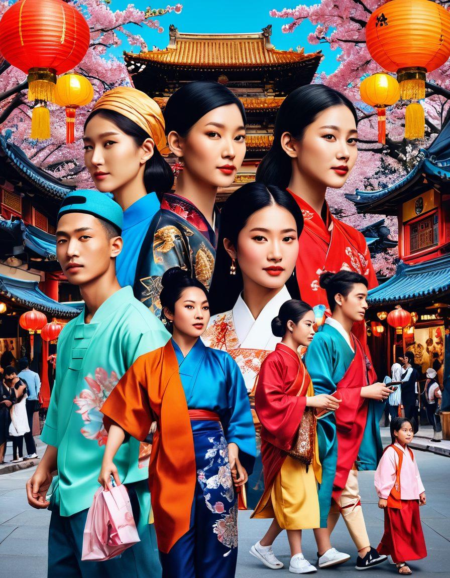 A vibrant collage showcasing the diverse cultures of Asia, featuring traditional clothing from various regions, iconic street food stalls bustling with activity, and modern urban trends like fashionable streetwear. The composition should include diverse faces of people from different Asian backgrounds, alongside cultural symbols like lanterns, temples, and cherry blossoms. super-realistic. vibrant colors. 3D.