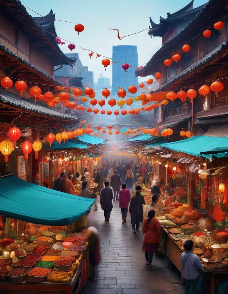 A vibrant bustling market scene in an Asian city, showcasing traditional stalls with colorful textiles and spices next to modern cafes with contemporary architecture. Include people of diverse backgrounds interacting, adorned in both traditional and modern attire, with lanterns hanging overhead. The atmosphere should evoke a sense of travel adventure blending the old and new. colorful illustration. super-realistic. vibrant colors.