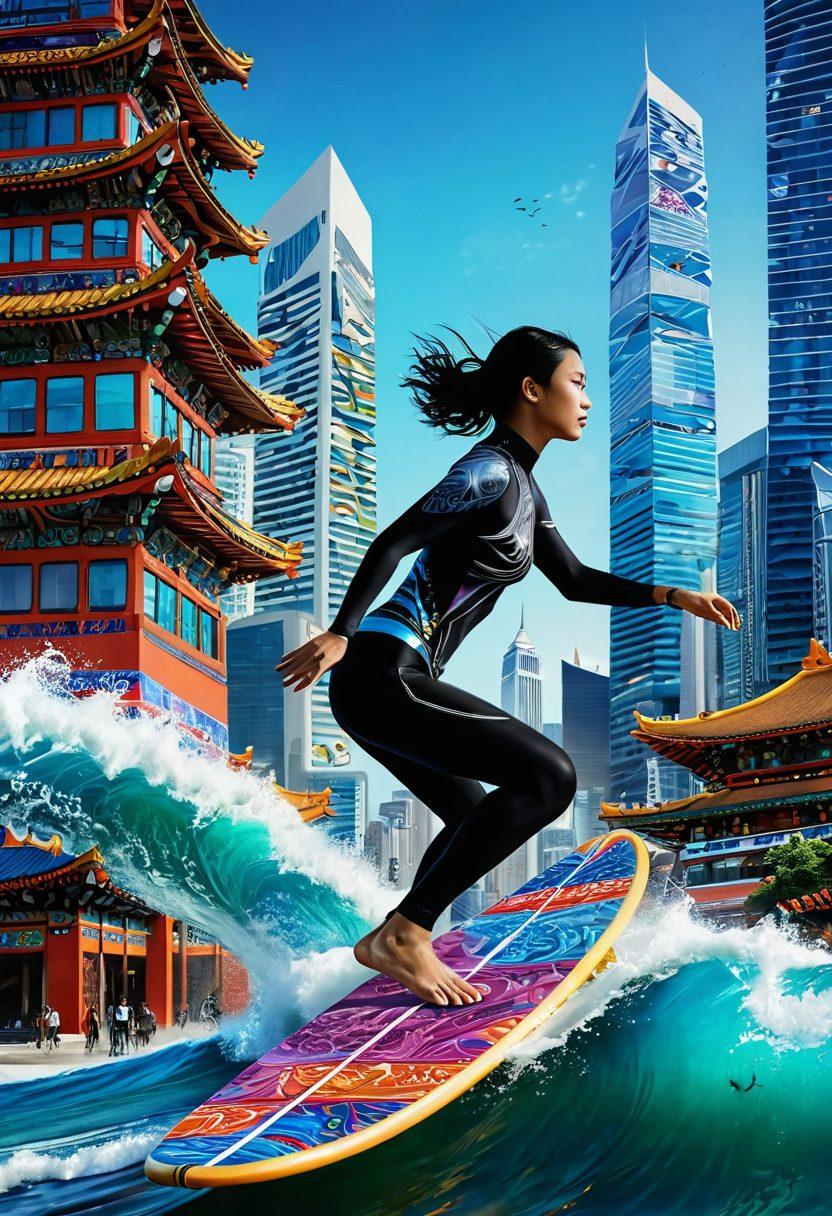 A dynamic fusion of fashion, technology, and lifestyle elements representing Asia, featuring a person on a surfboard catching a vibrant digital wave made of colorful circuit patterns, surrounded by traditional Asian architecture interwoven with modern skyscrapers, showcasing the interplay of old and new. super-realistic. vibrant colors. futuristic style.